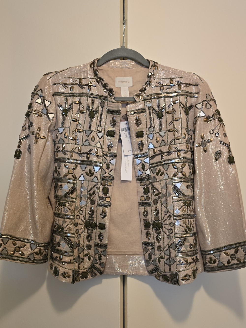 Chico's Metallic Beige Beaded Open-Front Jacket